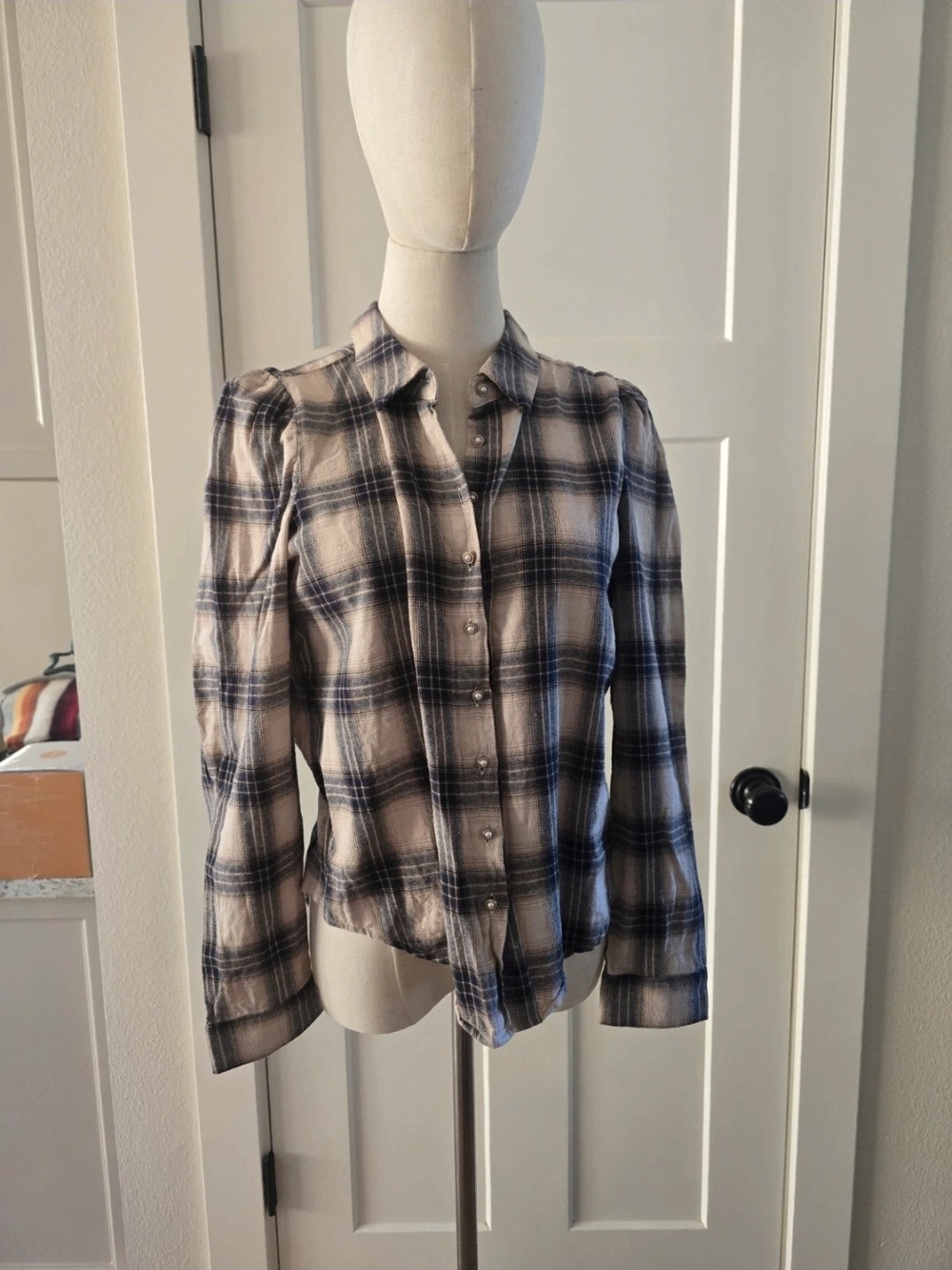 Heartloom Plaid Button-Down Shirt in Beige and Navy